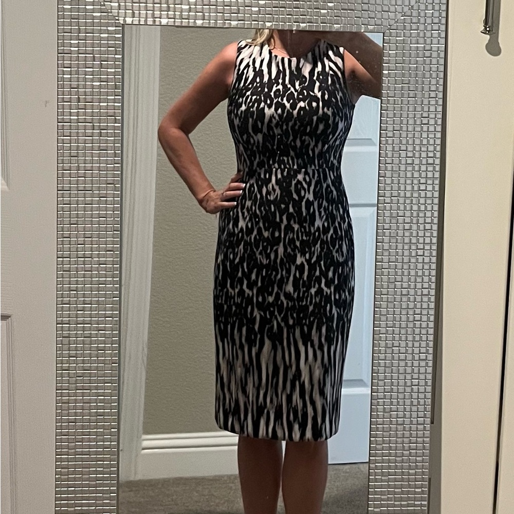 Calvin Klein Black, Pink and White Animal Print Midi Dress